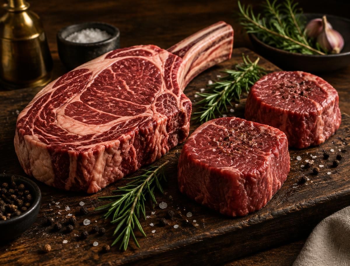 Selección de cortes de carne sobre una tabla oscura, imagen generada