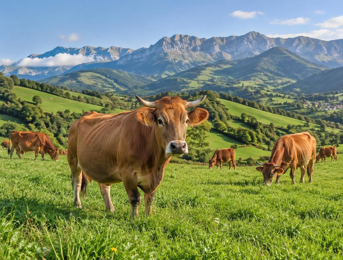 Ganado en un paisaje de pastos y montañas, imagen generada